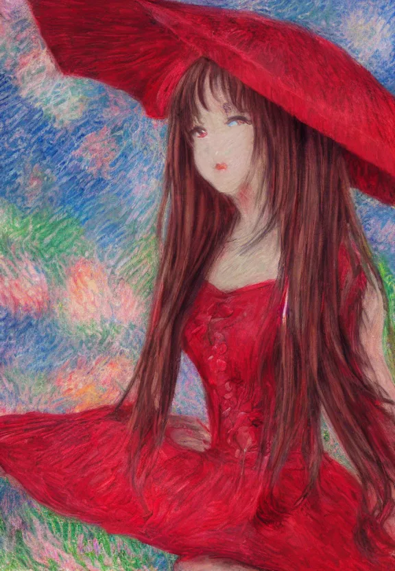 Image similar to macro portrait of a teenage girl, a cute red outfit, tokyo anime scene, very anime in impressionist style, anime trending artwork, anime painter studio, by claude monet