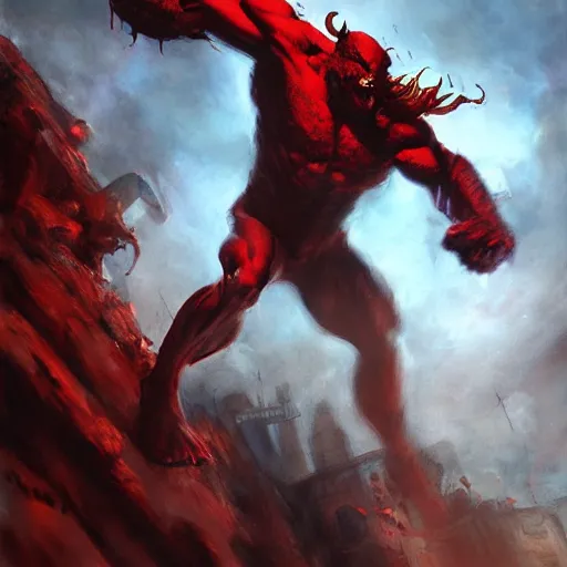 Image similar to red goblin, epic scene, paint by Raymond Swanland