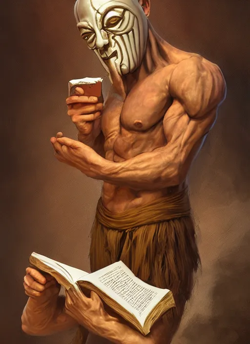 Image similar to Magic Floating Thespian Mask reading a book, bodyless, theater mask, mask only, Ivan Aivakovsky, Boris Vallejo, epic fantasy character art, D&D Concept Art, Realistic, Regal, Refined, extremely detailed, Detailed Digital Art, Oil Paining, Exquisite detail, post-processing, masterpiece, Cinematic Lighting, Unreal Engine, 8k, HD, Stanley Artgerm Lau, WLOP, Rossdraws, Frank Frazetta, Andrei Riabovitchev, Marc Simonetti, trending on artstation, flawless