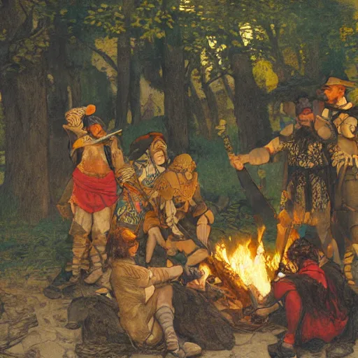 Image similar to a painting of medieval knights toasting marshmallows around the campfire in the style of howard pyle, arthur rackham, alphonse mucha, maxfield parrish. volumetric lighting. 8 k resolution. best detail. trending on artstation trending on deviantart