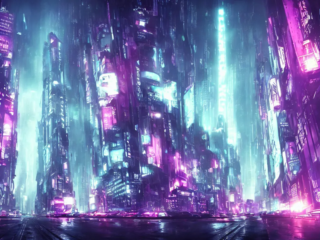 Image similar to blade runner city, high quality, cyberpunk, purple