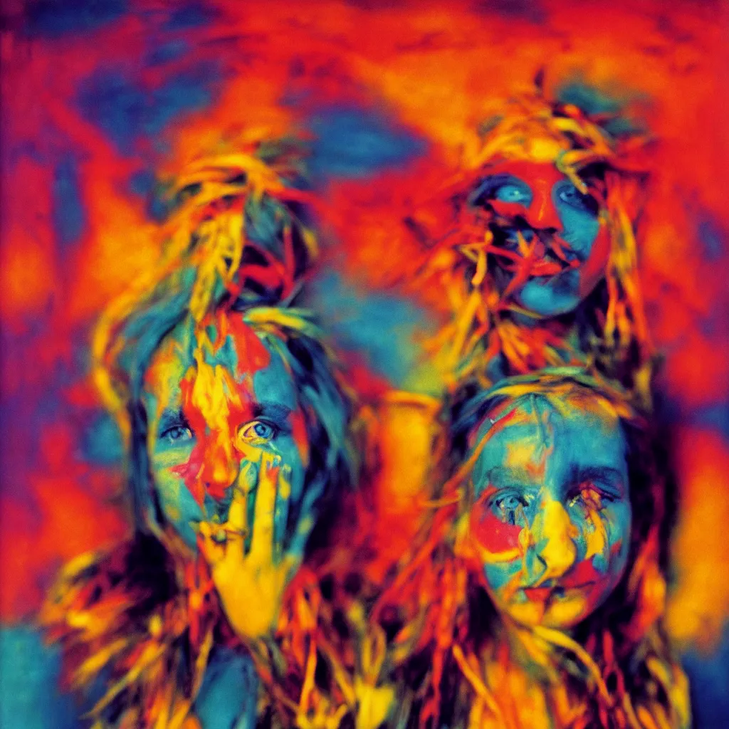 Image similar to award winning photo of a lsd trip, vivid colors, happy, symmetrical face, beautiful eyes, studio lighting, wide shot art by sally mann & arnold newman