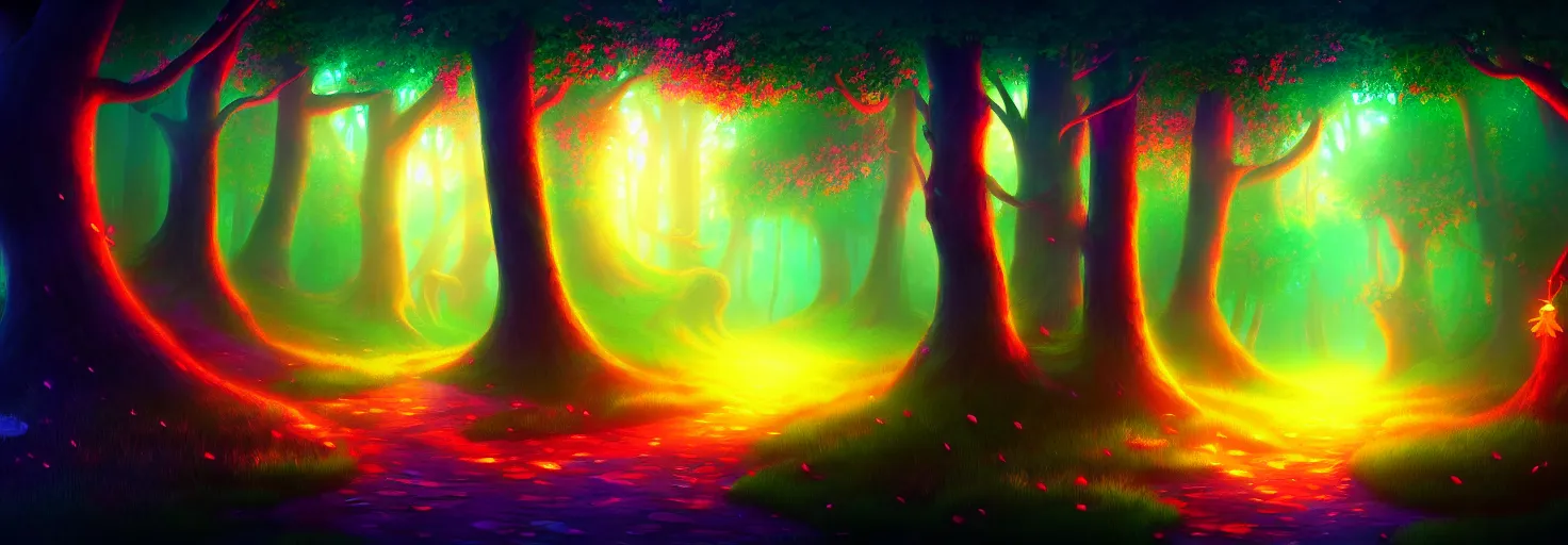 Image similar to enchanted magical forest on magical colorful fire , digital painting , digital art , artstation , devian art , 4k , HD