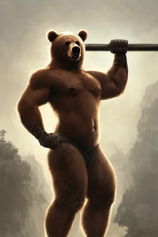 Image similar to anthro bear lifting weights, dim dingy gym, dynamic pose, fantasy, intricate, elegant, highly detailed, digital painting, artstation, concept art, matte, sharp focus, illustration, art by artgerm and greg rutkowski and alphonse mucha