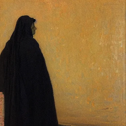 Prompt: Back view of the grim reaper, thin black robe, curvy, death himself, deep shadows, award winning, by Ilya Repin