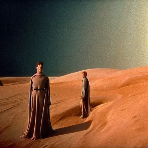 Image similar to colour aesthetic highly detailed photography scene from dune ( 2 0 2 1 ) by denis villeneuve and gregory crewdson style with hyperrealistic highly detailed faces. many details by andrei tarkovsky and caravaggio in sci - fi style. volumetric natural light hyperrealism