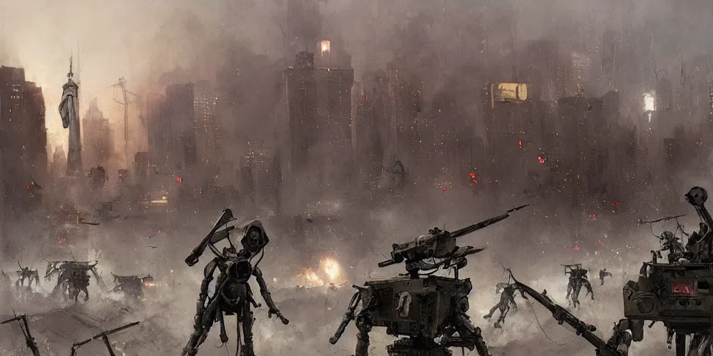 Prompt: war of the worlds, martian tripods attack new york, human soldiers try to counter - attack, intense fighting, digital painting, very detailed, art by jakub rozalski