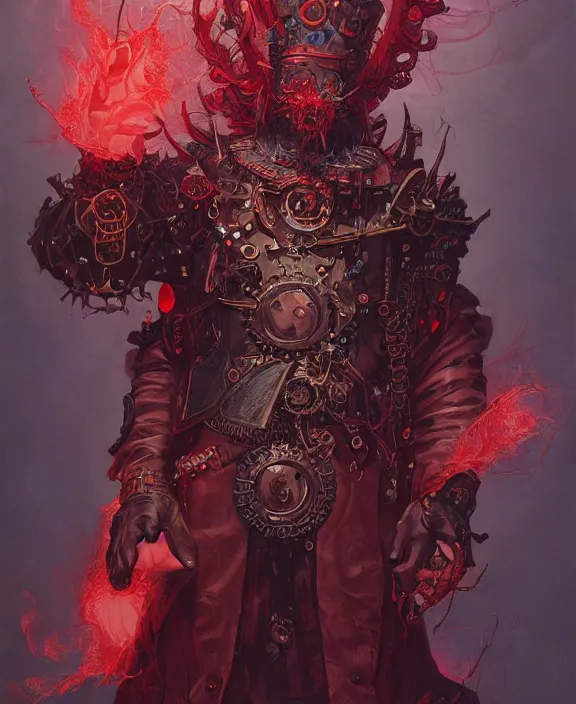 Prompt: a detailed character concept of a steampunk crystalline dark lord wreathed in red smoke by Moebius and Peter Mohrbacher, 4k resolution, photorealistic