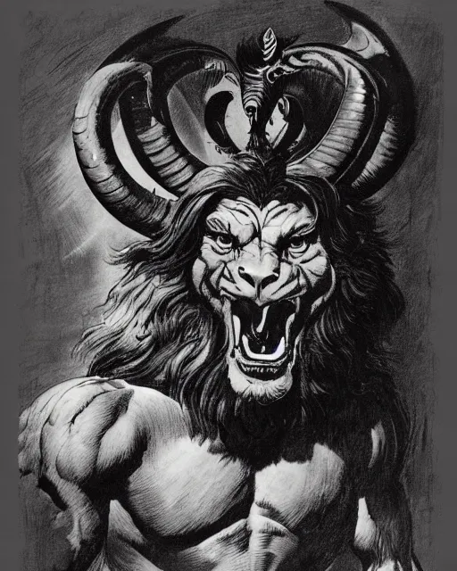 Image similar to a creature with the body and eyes of a man, with the beak of an eagle, the mane of a lion, and the horns of an ox. drawn by frank frazetta