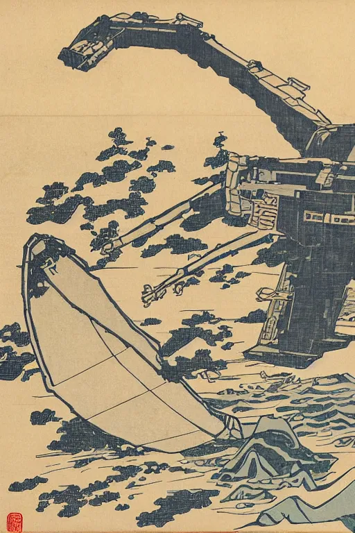 Prompt: Japanese woodblock print of a Star Wars AT-AT, Hokusai