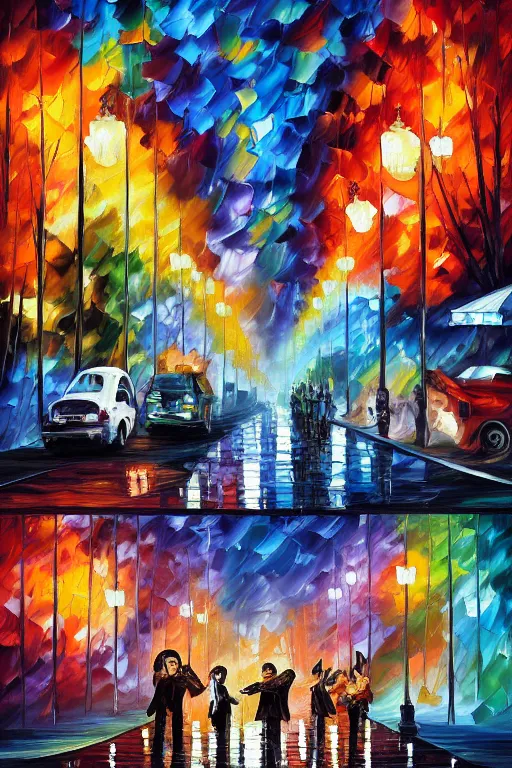 Prompt: the 4 beatles oil painted by Dan Mumford and Leonid Afremov