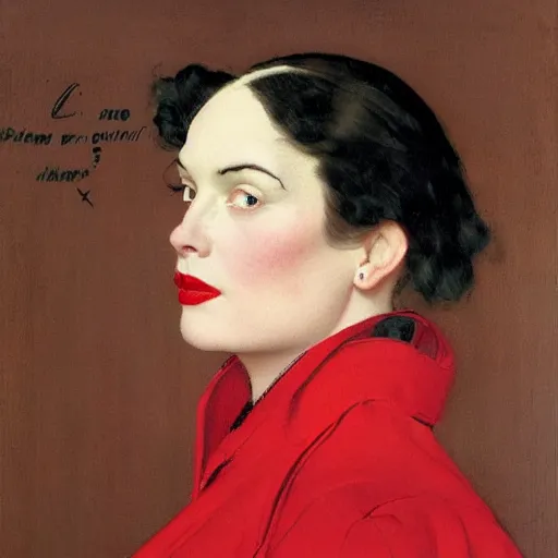 Image similar to Frontal portrait of a woman with porcelain skin, black hair and a red coat. Painting by Norman Rockwell.