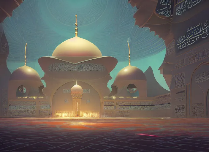 Image similar to a cyberpunk mosque in arabia by paolo eleuteri serpieri and tomer hanuka and chesley bonestell and daniel merriam and tomokazu matsuyama, unreal engine, high resolution render, featured on artstation, octane, 8 k, highly intricate details, vivid colors, vector illustration