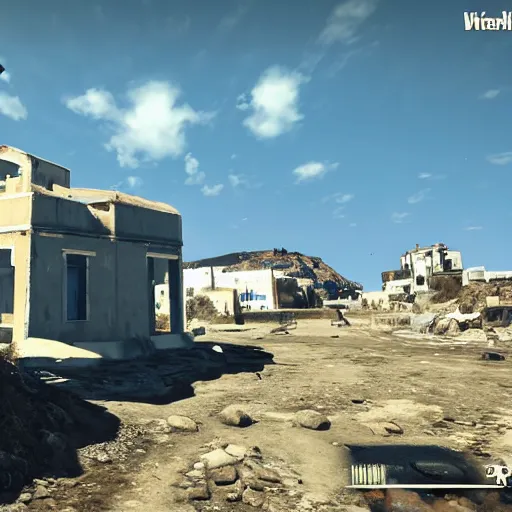 Prompt: Santorini, Greece in ruins post-nuclear war in Fallout 4, in game screenshot