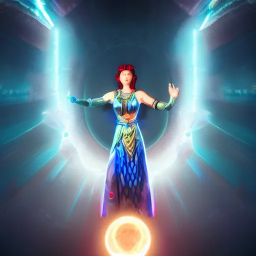 Prompt: a powerful goddess woman floating with a glowing orb of blue power in her hand, trending on artstation, colourful, powerful, dark, mysterious, maximalist, full body shot, japanese, unreal engine 5