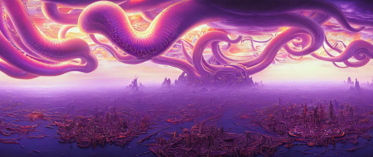 Image similar to hyperrealistic hyper-ornate bio-morphic sky city on giant orange and purple cyborg octopus puffy clouds matte painting concept art salvador dali alex grey cinematic soft glow lighting high angle hd 8k sharp shallow depth of field