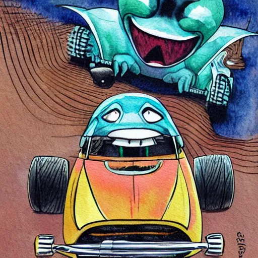 Image similar to racoon riding in a tiny hot rod coupe with oversized engine, ratfink style by ed roth, centered award winning watercolor pen illustration, by chihiro iwasaki, edited by range murata