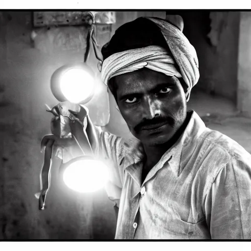 Image similar to a dramatic photograph of worker from india, cinematic lighting