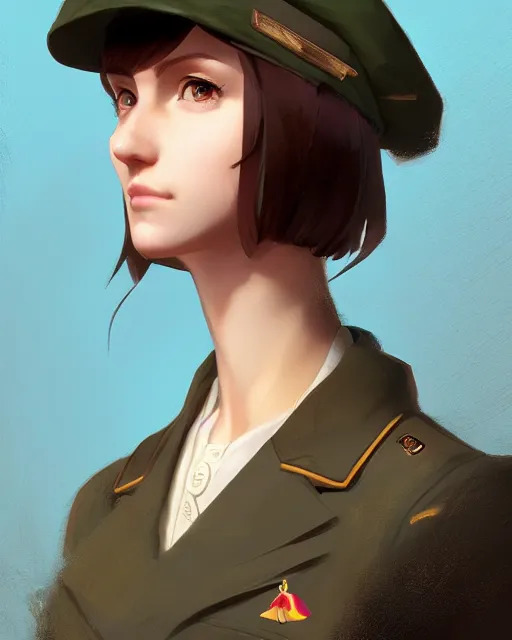 Image similar to portrait bust of young woman with shoulder length light brown hair and hazel eyes dressed in a sharp dark teal military uniform and beret, anime, ilya kuvshinov, greg rutkowski, ross tran, concept art, digital painting