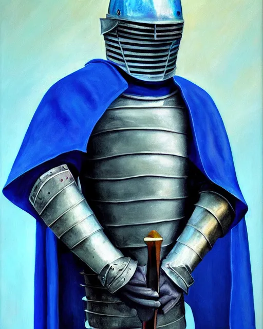 Image similar to a armored knight holding his sword, depression atmosphere, calm face, in blue cape, wild, daniel oxford, oil painting, master piece