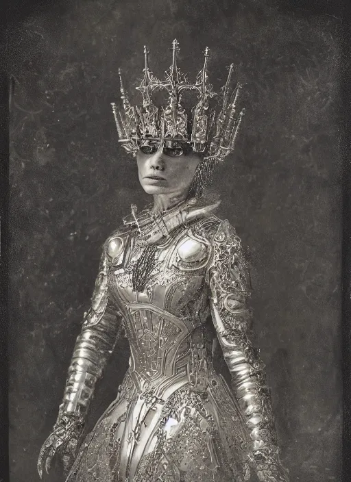 Image similar to old wetplate daguerreotype frame portrait of a futuristic silver armored queen elisabeth emperor district 9 cyborg, fractal, intricate, elegant, highly detailed, subsurface scattering, by jheronimus bosch and greg rutkowski and louis jacques mande daguerre