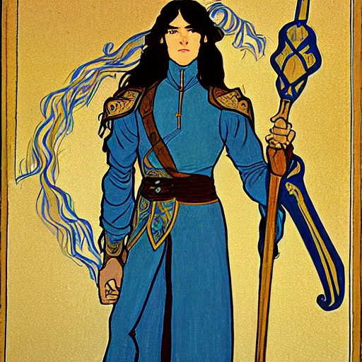 Image similar to painting of young handsome beautiful paladin elf!! man with long! wavy dark hair in his 2 0 s named taehyung minjun at the blueberry party, wearing armor!, long hair, elf ears, blue eyes, blueeyes, elegant, delicate, soft facial features, art, art by alphonse mucha, vincent van gogh, egon schiele,