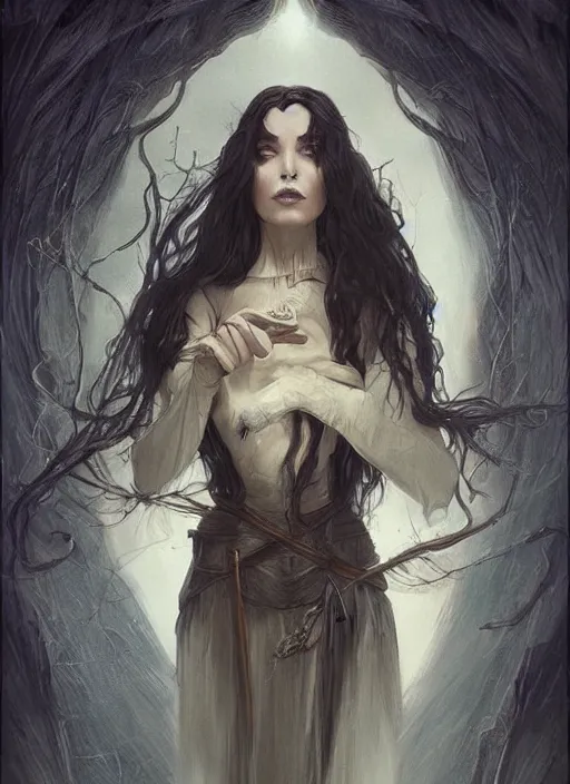 Image similar to tarot!!, pale, beautiful witch with long hair, fantasy medieval, no noise, elegant, concept art, sharp focus, beautiful face!!, digital art, smooth defined outlines!!, by Brom, trending on Artstation, Tom Bagshaw, Sargent