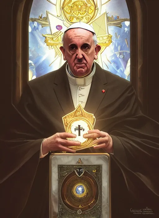 Prompt: pope francis, wearing a suit, tarot card art, deep focus, d & d, fantasy, intricate, elegant, highly detailed, digital painting, artstation, concept art, matte, sharp focus, illustration, hearthstone, art by artgerm and greg rutkowski and alphonse mucha