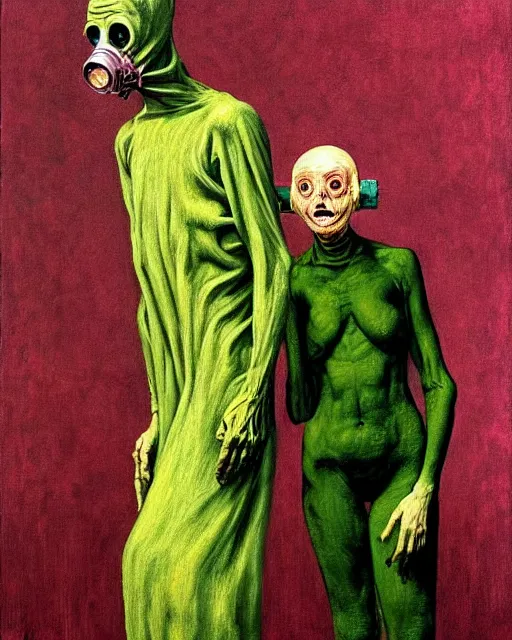 Image similar to two skinny old people with extra limbs, wearing gas masks, bodies wrapped in robes of gold, green and pink, during a biohazard apocalypse, cinematic, dystopian, eerie, horror, gothic, highly detailed painting by Francis Bacon, Beksinski, Esao Andrews, !!!Edward Hopper!!! surrealism, art by Takato Yamamoto and !!!James Jean!!!