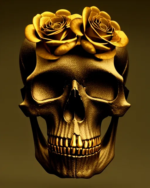 Prompt: detailed 3 d cycles render of a black dark skull skeleton with golden roses growing out of ribcage darkly elegant digital skull art by billelis and beeple