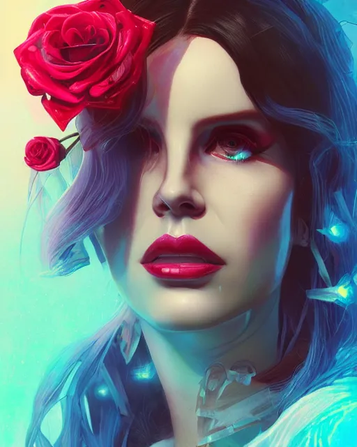 Image similar to portrait of lana del rey as a cyberpunk cyborg. roses sci - fi intricate abstract upper body intricate artwork, roses, rose petals, by tooth wu, wlop, beeple, dan mumford. concept art, octane render, deviantart, greg rutkowski, cinematic arthouse, key art, hyper realism, iridescent accents