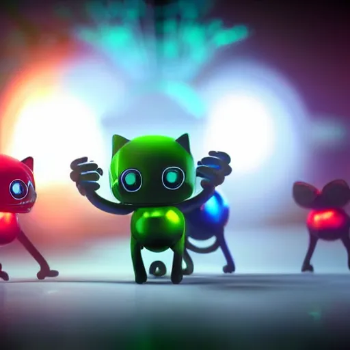 Image similar to promotional movie still wide - angle 3 0 m distance. nanorobots ( ( cat ) ) 1 million into the future ( 1 0 0 2 0 2 2 ad ). super cute and super deadly. nanorobots like disco music and dance - offs. cinematic lighting, dramatic lighting. octane 3 d, style saturday night fever