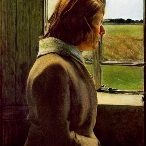 Prompt: high quality, high detail, realistic portrait of susan taslimi, painted by andrew wyeth, dramatic lighting, cinematic composition
