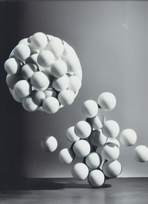 Image similar to realistic object photo of ping pong balls sculpture, readymade, dadaism, fluxus, 1 9 9 0, life magazine photo