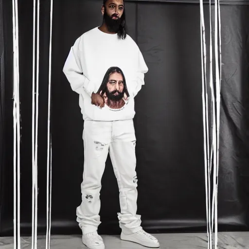 Image similar to a full body lookbook studio photo portrait of modern - day jesus wearing virgil abloh off - white menswear and sneaker collection, detailed, oil painting, hyper - realistic, 8 k, off - white collection