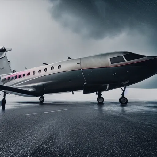 Prompt: movie frame of a vintage private jet parked on the tarmac on a misty, epic day, wet ground, neon lights, very wide angle shot, by ian mcque, by robert valley, cinematic composition, global illumination