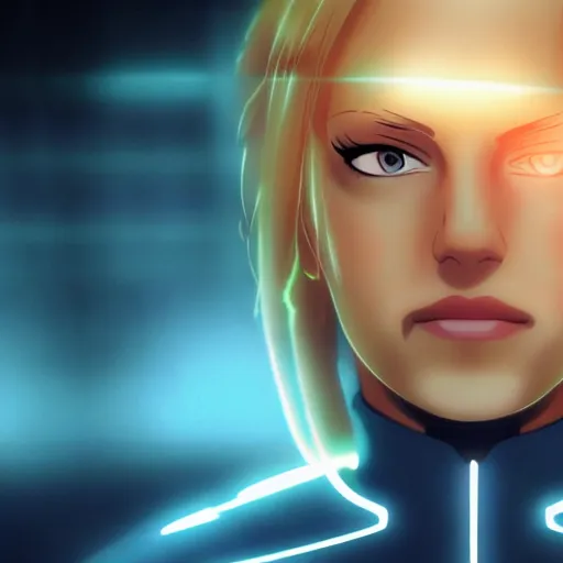 Prompt: Annie Leonhart in a Tron movie, atmospheric photo, beautiful face, cute, realistic skin, beautiful eyes