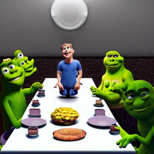 Prompt: mark zuckerberg, 3d spongebob and shrek in the last supper