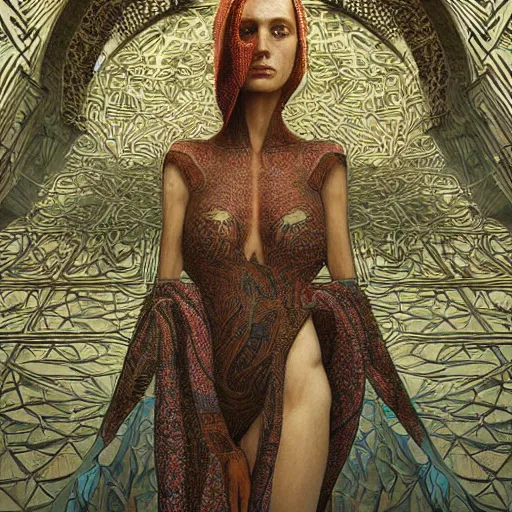 Image similar to portrait of tall, long-necked lipless mutant woman covered with elaborately patterned brown and white scales wearing gauze toga and standing in cyberpunk art deco mosque by Beksinski, Bruegel, Greg Rutkowski, Alphonse Mucha, and Yoshitaka Amano