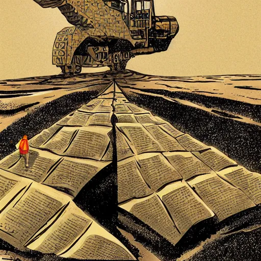 Image similar to in the distance, in the center of a large sand pit, there is a large golden ball in the sand, a broken excavator and a man in military uniform standing nearby, stylization of a book illustration, high - quality, depth of sharpness, focus on the object