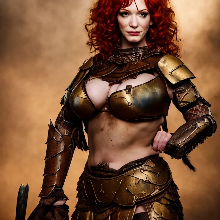 Image similar to full length photograph of a real-life christina hendricks as a amazon warrior, Extremely detailed. 8k