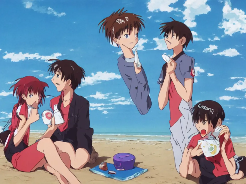 Prompt: two teenagers eating ice cream, on a beach, still from evangelion anime