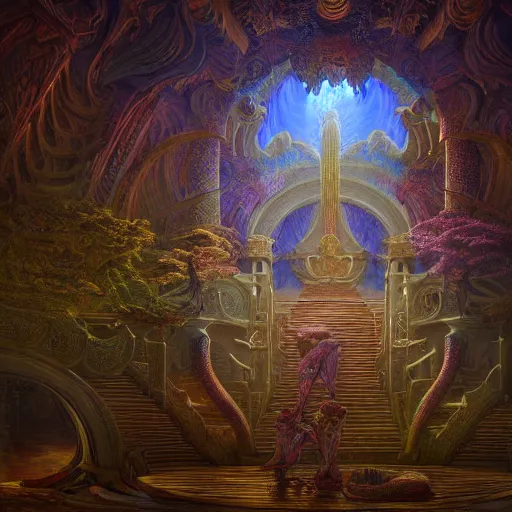 Prompt: Photorealistic ethereal dream palace in the style of Michael Whelan and Gustave Dore. Hyperdetailed photorealism, 108 megapixels, amazing depth, glowing rich colors, powerful imagery, psychedelic Overtones, 3D finalrender, 3d shading, cinematic lighting, artstation concept art