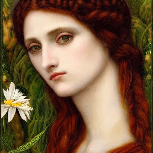 Prompt: Beautiful Pre-Raphaelite goddess of snakes, in the style of John William Godward and Anna Dittman, close-up portrait, porcelain skin, head in focus, flowers and plants, etheric, moody, intricate, mystical,