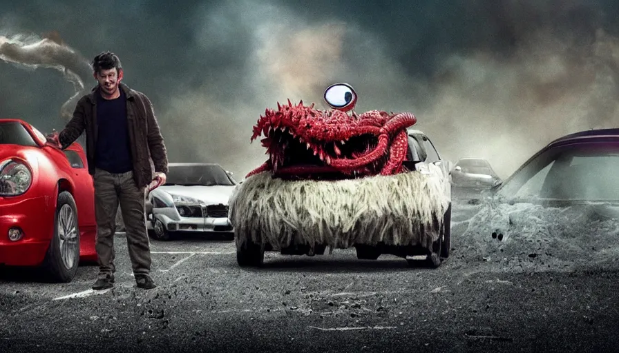 Image similar to Big budget horror movie about a robotic worm monster eating a car