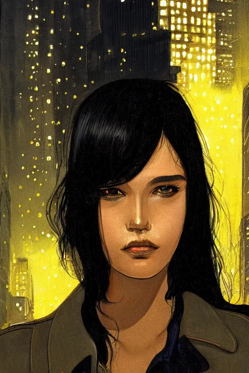 Prompt: highly detailed close-up of a beautiful girl with a very stylish trenchcoat on an empty street at night by Moebius , black medium length Dutch bob cut hair with straight bangs, poster