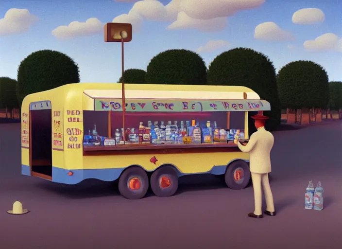 Prompt: an ice cream van that sells snake oil instead of ice cream, rowdy salesman hawking little brown bottles, medicine, snake van, painting by René Magritte, Grant Wood, 3D rendering by Beeple