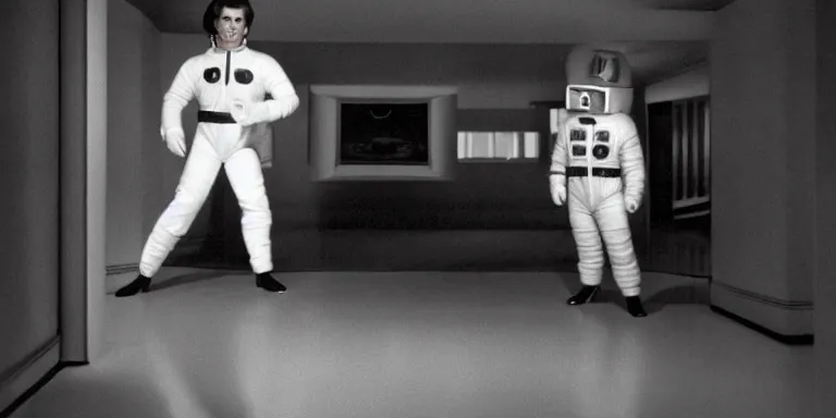 Image similar to photorealistic wide shot black and white twilight zone style cinematography of a 1 9 8 1 version of healthy david bowie in a cheesy 5 0's space suit acting as a man from outter space in a twilight zone episode that takes place in the sheats goldstein house shot on film by the shining cinematographer john alcott on a cooke panchro 1 8 mm lens.