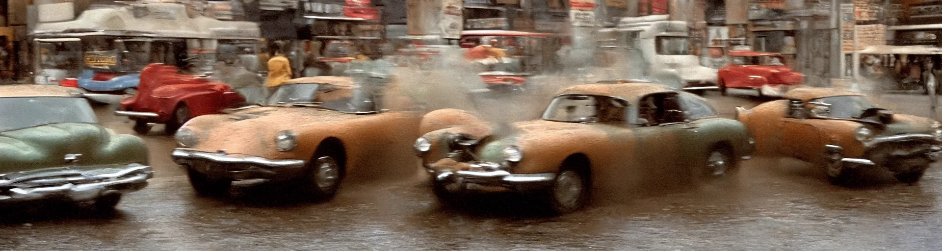 Prompt: street photography by saul leiter and fred herzog and william eggleston, award winning photo of an ultra detailed intricate dirty dinosaur speeding very fast on mud, fast shutter speed, motion blur, tiny gaussian blur, highly detailed, highly intricate, depth of field, trending on top gear