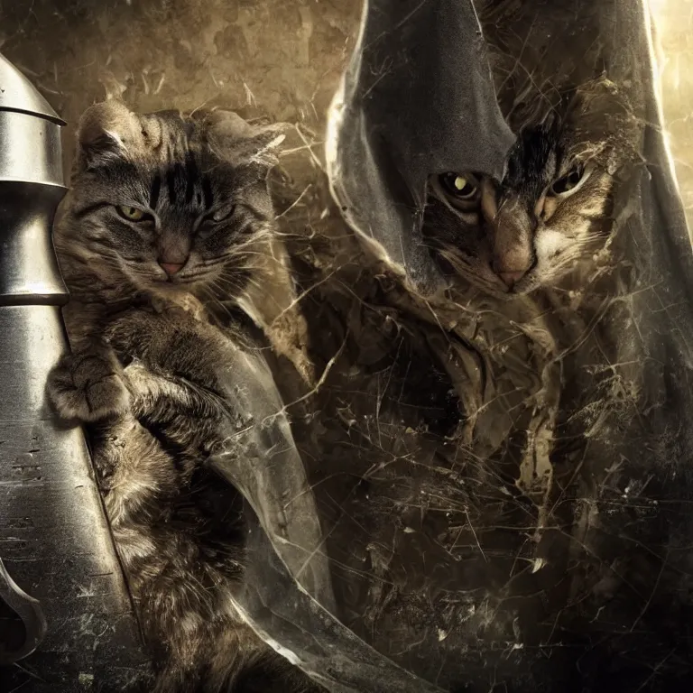 Prompt: an amazing award winning photo of a cat as knight templar protecting the holy grail, very detailed and sharp, 4k hdr, cinematic masterpiece